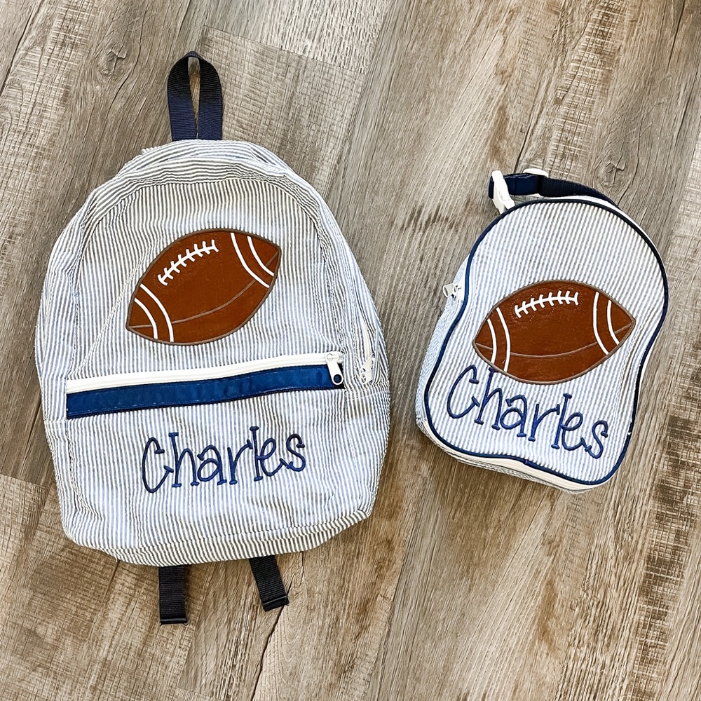 Blue Seersucker Backpack + Lunchbox Set • Charles Football